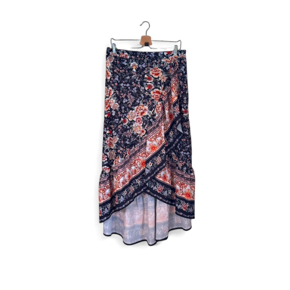Flowy Floral & Horses on Print Black & Orange Multi-Colored Faux Wrap Skirt XXL